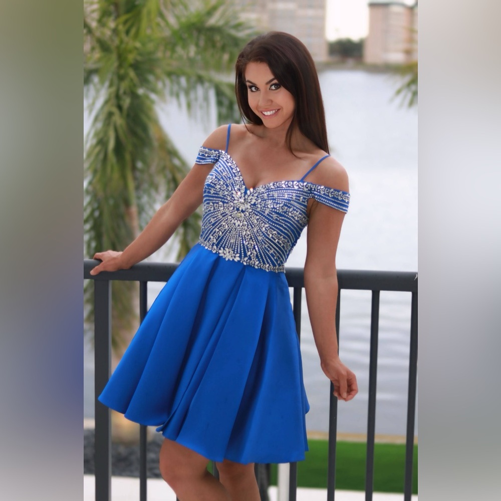 Royal blue cocktail homecoming dress NWT Milano Formals  Fully embellished Bust